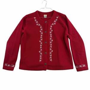 L.L.Bean Vintage Red Fleece Floral Embroidered Button Up Cardigan Sweater XL